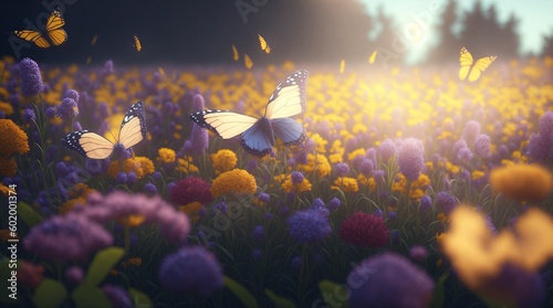 flowers field with butterfly while sun set Generated by AI © Ticha