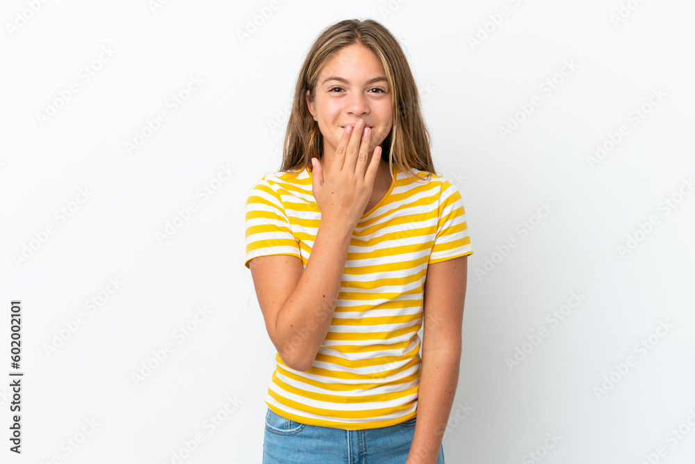 Little caucasian girl isolated on white background happy and smiling covering mouth with hand Little caucasian girl isolated on white background happy and smiling covering mouth with hand