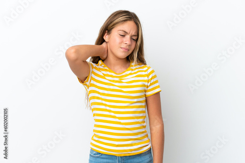 Little caucasian girl isolated on white background with neckache