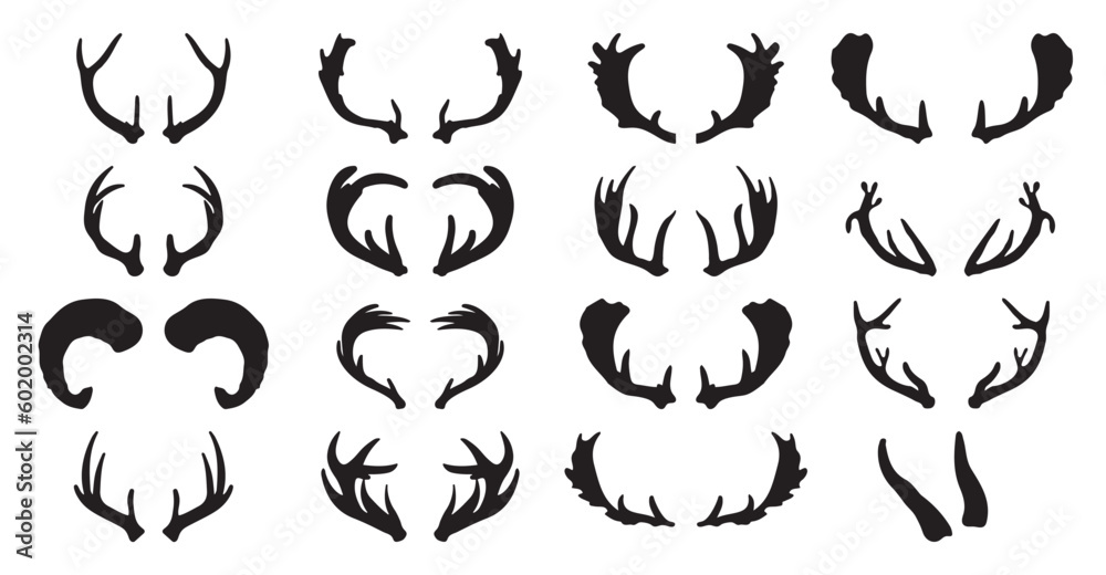 Set of hand drawn deer horns black on the white background.