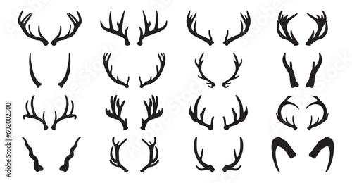 Set of hand drawn deer horns black on the white background.