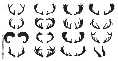 Set of hand drawn deer horns black on the white background.