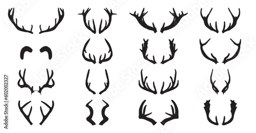 Set of hand drawn deer horns black on the white background.
