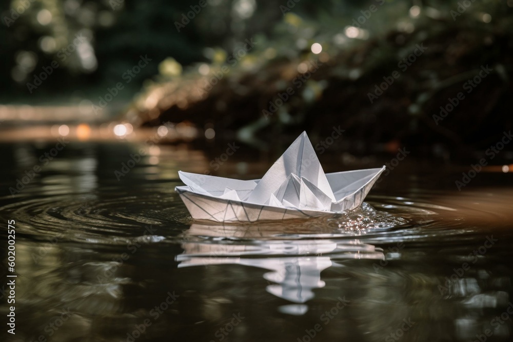 Watercolor painting of a white paper boat floating in a river. Generative AI