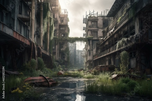 A deserted city or building after the apocalypse, depicted as concept art, with nature reclaiming the world. Generative AI photo