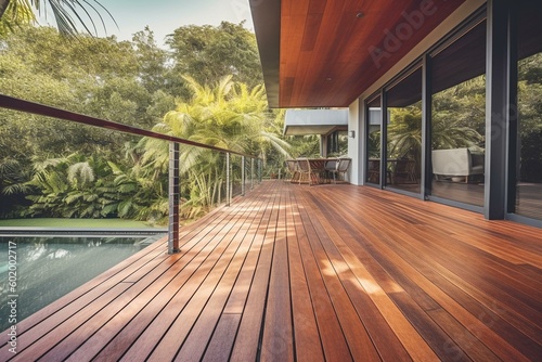 Contemporary home with ipe wood deck and wooden patio surrounded by tropical hardwood decking viewed from a low angle. Generative AI photo