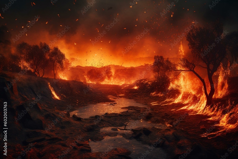 A fiery pyropunk landscape for use as desktop wallpaper or in concept art, showing the destruction of nature by flames. Generative AI