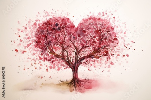 Watercolor painting of a heart-shaped tree, ideal for weddings & Valentine's Day. Generative AI © Kalina