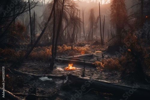 Annual forest fires devastate, burning trees & charred trunks with scorched ground. Generative AI