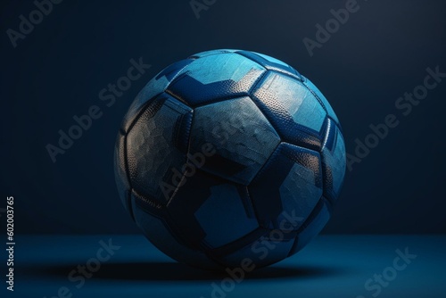 3D-rendered blue soccer football ball on blue backdrop. Generative AI