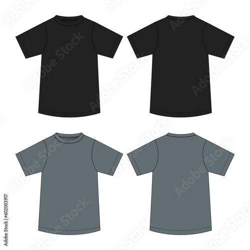 Short Sleeve Ladies t shirt Technical Fashion flat sketch Vector illustration black and grey color template Front and back views. Apparel Clothing Design mock up 