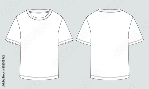 Short sleeve t shirt technical drawing fashion flat sketch vector illustration template front and back views