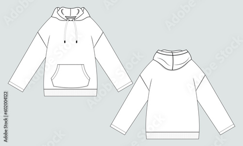 Long Sleeve Hoodie technical fashion flat sketch vector illustration template front and back views. Fleece jersey sweatshirt hoodie mock up for men's and boys.
 photo