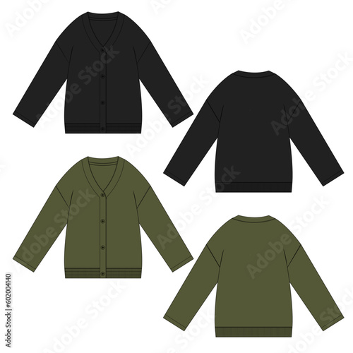 Cardigan technical drawing fashion flat sketch vector illustration black and green color template front and back isolated on white background