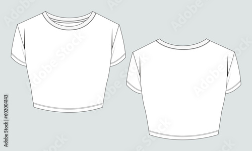 Short sleeve t shirt tops blouse technical drawing fashion flat sketch vector illustration template for ladies isolated on grey background