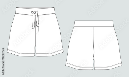Sweat Shorts pant Technical drawing fashion flat sketch vector Illustration template front and back views.