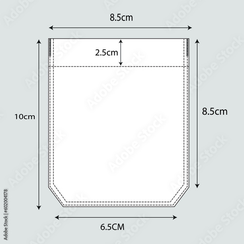 Apparels pocket technical drawing flat sketch vector illustration with measurement details isolated on grey background