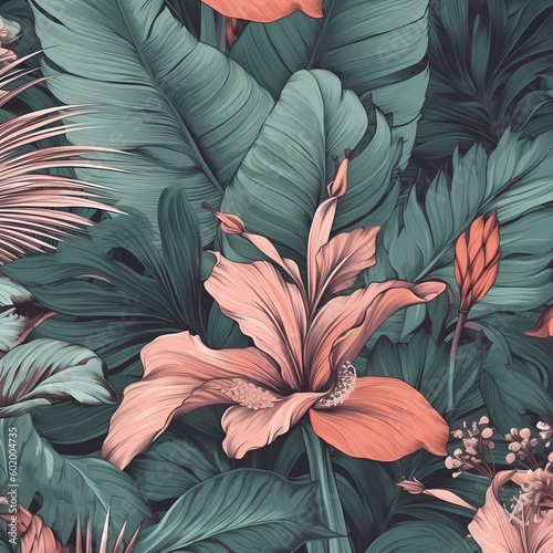 Floral Wallpaper Pattern Of Tropical Plant Leaves Illustration © imazydreams