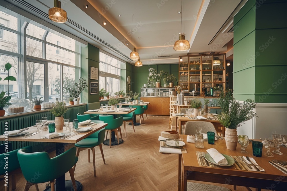 Interior of a family restaurant with green and white decor. Generative AI