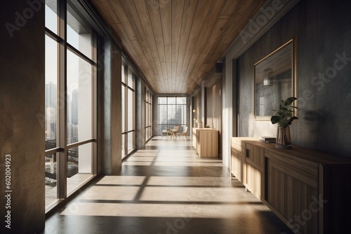 Opulent timber and cement workspace corridor  fixtures  cityscape outlook  sunshine. Rendered 3D. Generative AI
