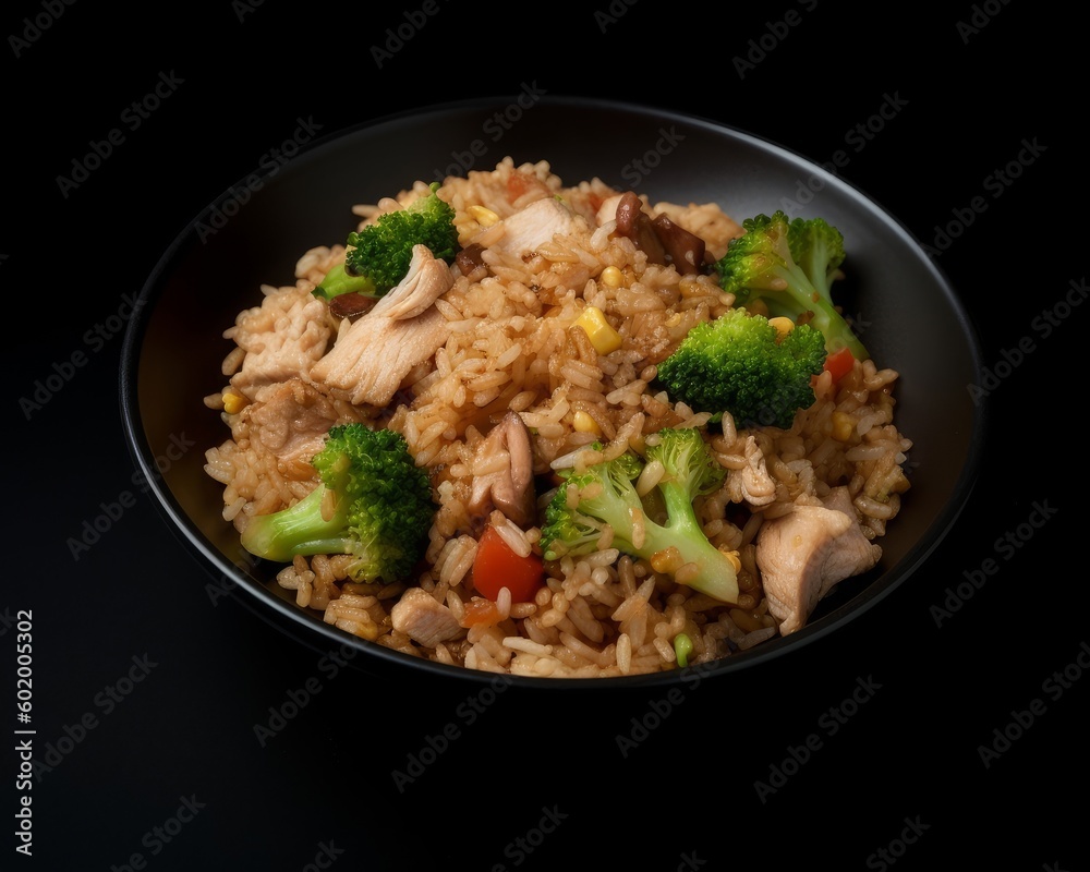fried rice with chicken, broccoli, and mushrooms fried rice with chicken, broccoli, and mushrooms