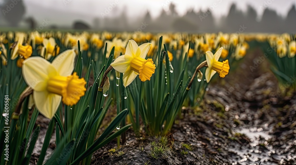 Fototapeta premium Field of blooming daffodils on rainy day in spring. Muddy path through field, in blurred background. Generative AI
