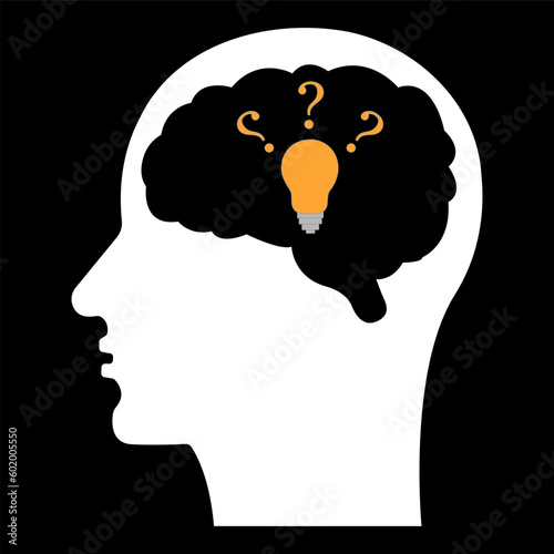 
Head and brain. Light bulb icon and question mark on human head. Idea and concept of creative thinking. The illustration is isolated on a black background.