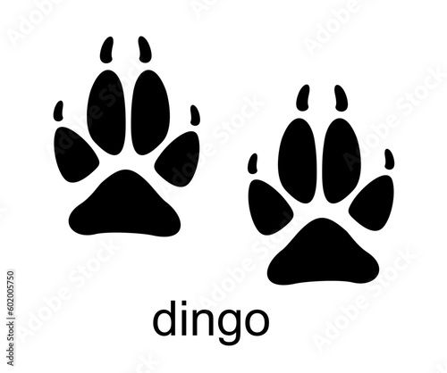 Dingo dog footprint. Dingo stamp. Foot print track icons vector set. Black and white. Isolated vector illustration. Black ink hand drawn logo emblem. Animal footprints