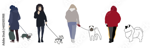 A young girl walking with a dog. City vector flat infographics.