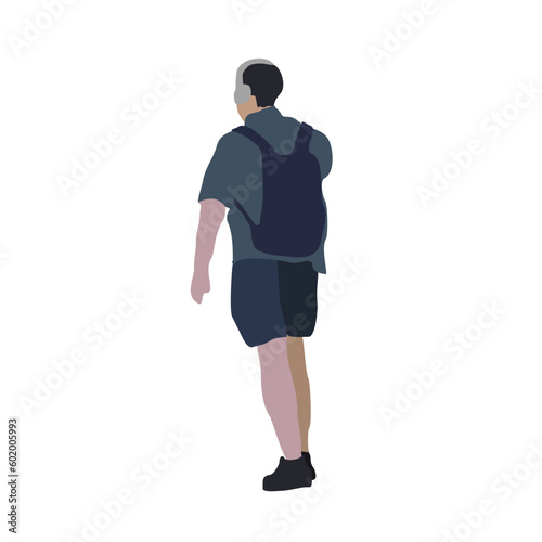 Vector drawing of a walking man with headphones and a backpack in summer clothes. Flat image. City infographic ©  Vi Min