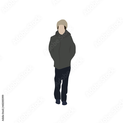 A man walking down the street in winter clothes. City vector flat infographics.