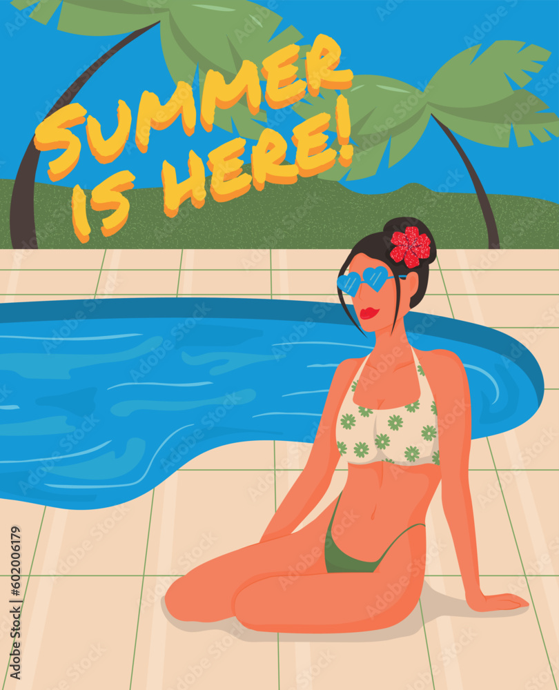 Beautiful girl with flower in her hair relaxing in swimming pool. Summer vacation. Open air swimming pool. Banner. Vector illustration