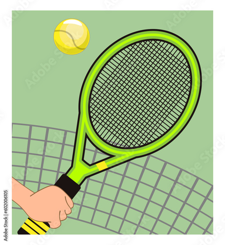 Tennis racket in the hand hits the ball. Stylized image of a tennis tournament, icon, symbol, emblem, sign. Vector illustration