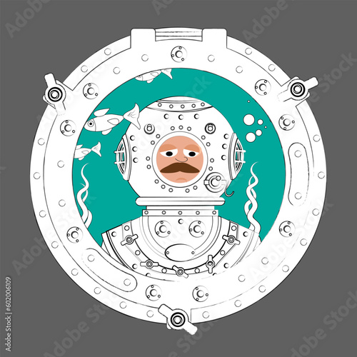 A cartoon diver in a vintage diving suit looks from the side of the ocean into the porthole. In the background are fish and underwater plants. Sketch. Vector illustration