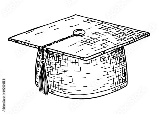 Black graduate cap isolated on white background. Freehand outline ink hand drawn. Hat vector illustration collection in sketch style. Academic education symbol, high school bachelor headwear.