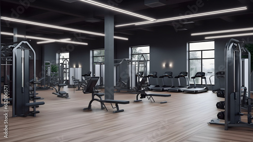 Modern gym interior with sport and fitness equipment, fitness center inteior, inteior of crossfit and workout gym, 3d rendering © Prasanth