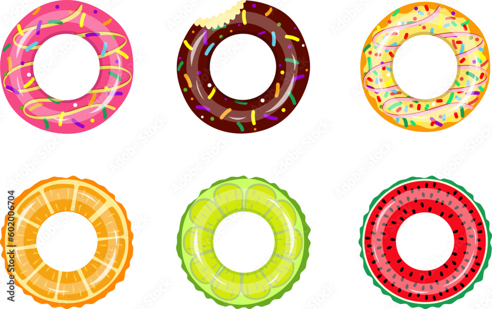 Colorful rubber swim rings set for water floating. Swimming circle lifesaver collection for child safe. Rubber rings. Swimming ring rubber toy realistic icons. Isolated on white background. top view. - obrazy, fototapety, plakaty 