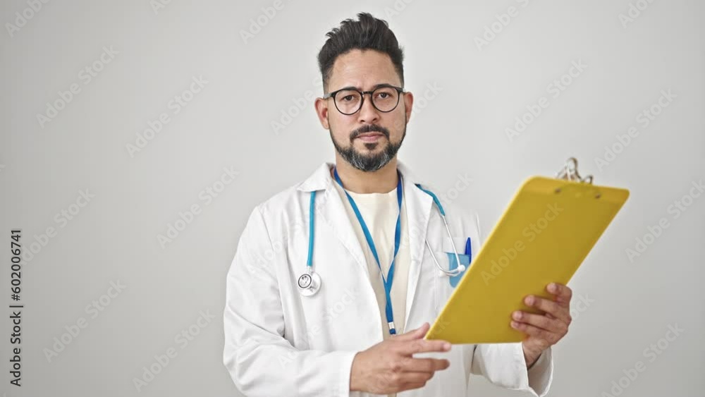 Young latin man doctor reading document on clipboard over isolated white background Young latin man doctor reading document on clipboard over isolated white background