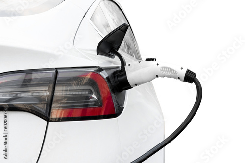 Charging an electric car at a charging station on a white background. Eco transport. Eco-friendly transport. Alternative solar energy