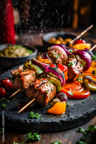 Appetitive Grilled meat skewers, shish kebab with vegetables on stone board. Good food.