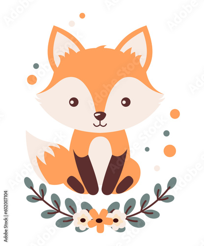 Cute fox with flowers, cartoon vector illustration. Floral woodland animal. © juliiapanukoffa