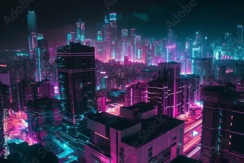 A futuristic city illuminated by purple and cyan neon lights at night  featuring visionary architecture. Generative AI