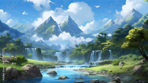 In the summer dense forest, mountains and lakes illustration background © lin