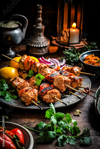 Grilled meat skewers, shish kebab with vegetables on wooden board. Good food. Delicious food