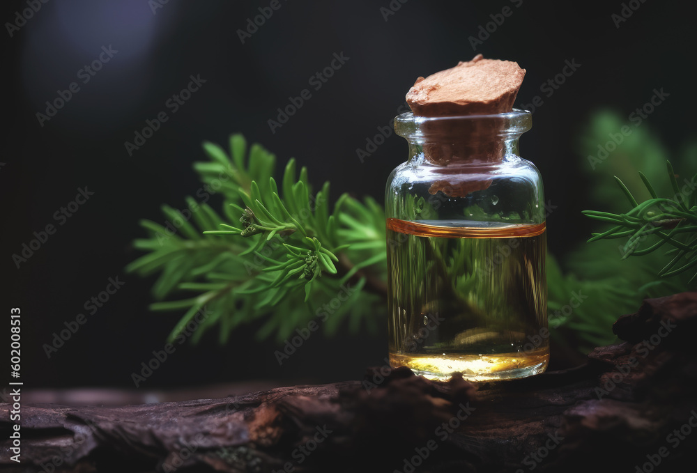 Cedar wood essential oil in a small transparent glass bottle next to a branch of cedar, dark outdoor background with copy space for text. Selective focus. Generative AI. Cedar wood essential oil in a small transparent glass bottle next to a branch of cedar, dark outdoor background with copy space for text. Selective focus. Generative AI.
