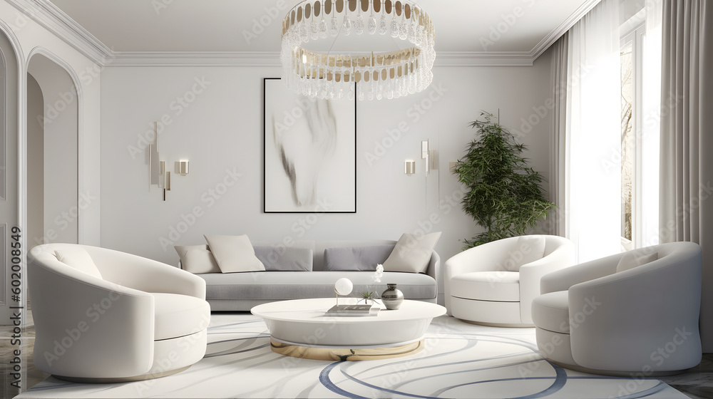 Modern interior design of luxury apartment, living room with white sofa, round armchairs. Accent coffee table and chandelier. Home interior with furry rug. 3d rendering Modern interior design of luxury apartment, living room with white sofa, round armchairs. Accent coffee table and chandelier. Home interior with furry rug. 3d rendering