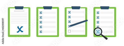 Set of icons of documents marked with a blue cross. Rejection statement. Checklist with blue crosses. Document with crosses and a pen. Checklist with cross stitch and magnifying glass