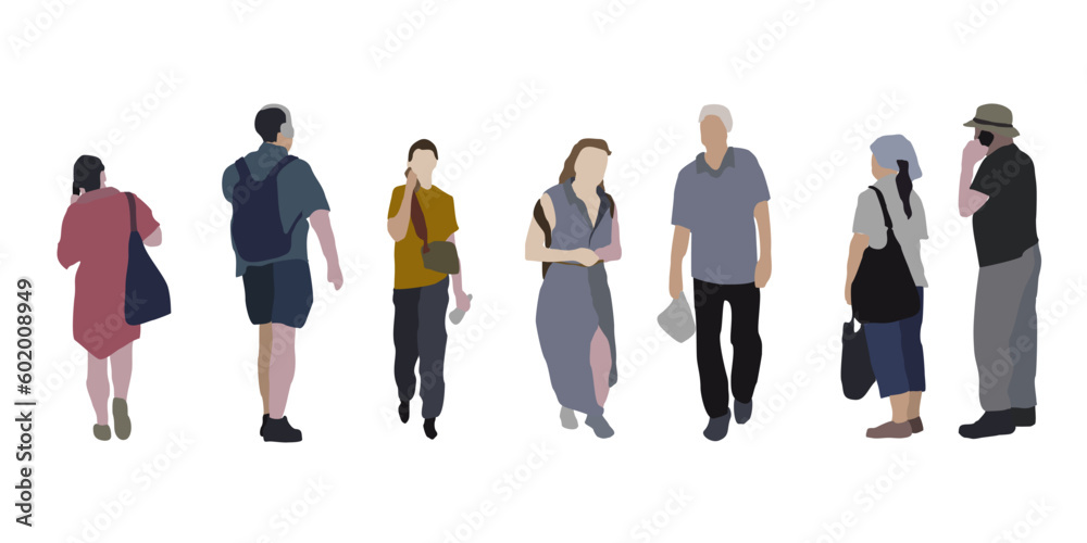 Set of vector drawings of men and women in summer clothes. Flat image of walking people. City infographic