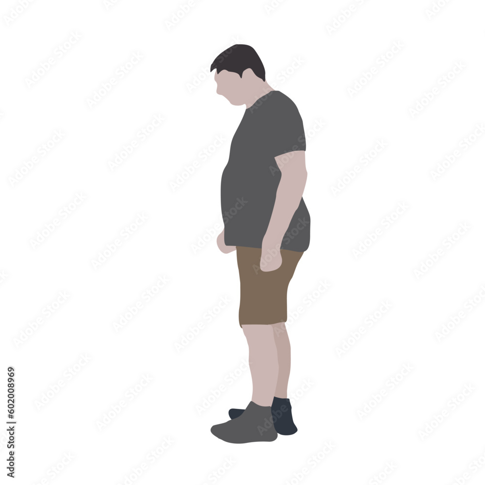 Vector drawing of a standing man in summer clothes. An elderly man with a big belly. Flat image. City infographic Vector drawing of a standing man in summer clothes. An elderly man with a big belly. Flat image. City infographic