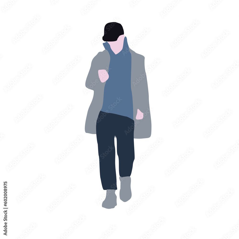 A young guy is walking down the street in winter clothes. 2d image for use as an entourage. Vector flat city infographics. A young guy is walking down the street in winter clothes. 2d image for use as an entourage. Vector flat city infographics.
